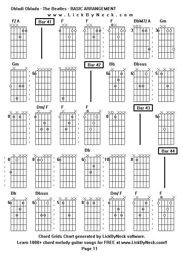 Chord Grids Chart of chord melody fingerstyle guitar song-Obladi Oblada - The Beatles - BASIC ARRANGEMENT,generated by LickByNeck software.